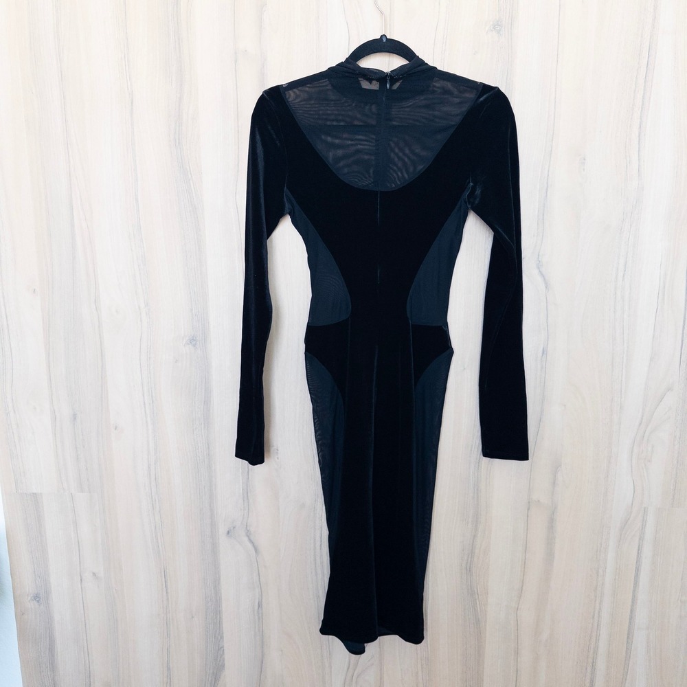 Naked Wardrobe Womens Velvet Bodycon Midi Dress S Black Mesh Long Sleeve Edgy - Picture 8 of 9